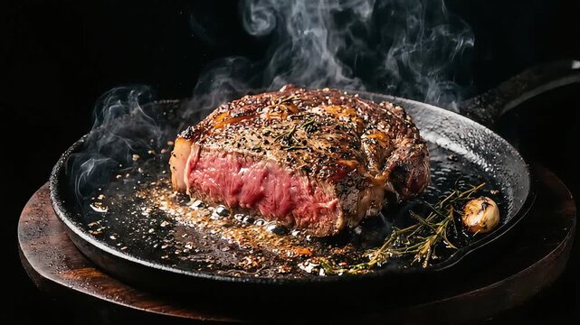 A thick, flavorful steak served sizzling hot on a griddle with herbs and garlic.