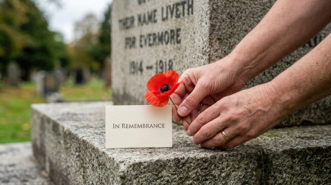 Hands placing red remembrance poppy flower on stone memorial grave with card during solemn tribute ceremony