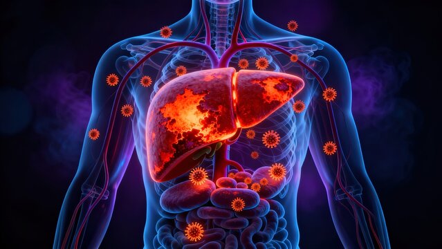 Hepatitis B virus invading liver tissue visualized as glowing red-orange lesions inside semi-transparent human body in dark cinematic medical illustration
