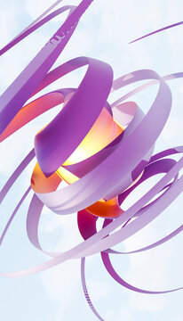 A floating abstract sculpture of glowing orb wrapped in purple ribbons