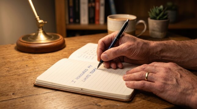 Man writing I honoured my limits today in a personal journal on wooden desk at night