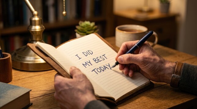 Focused person writing encouraging words in a leather notebook while sitting at a wooden desk lamp
