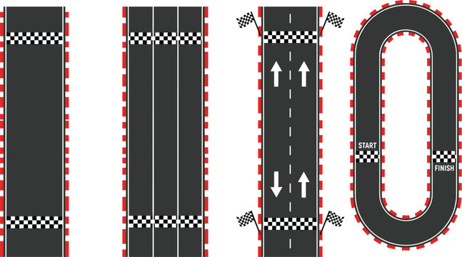 Racetrack segment poster set, straight track multi‑lane directional arrows oval track vector artwork