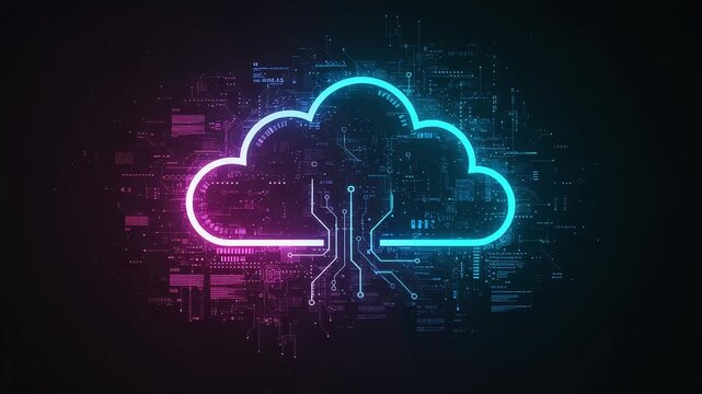 A CG image of a cloud icon resembling a circuit board, glowing brightly in neon colors.