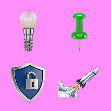 Dental implant pin security shield and flying rocket 3d icons set