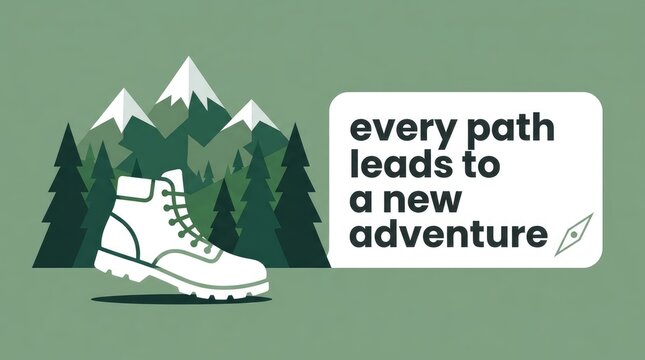 Hiking boot illustration featuring majestic green mountains and pine forest with inspirational travel quote text design