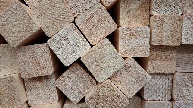 Stacked rectangular wooden strips in a lumber store, carpentry materials, construction, woodworking, manufacturing, and natural texture.