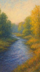 Fototapeta premium Serene autumn river landscape painting mobile wallpaper