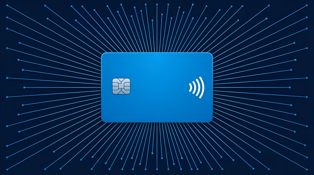 Secure digital contactless payment card illustration with radiating lines, representing modern, fast, and efficient financial transactions and advanced connectivity for future banking