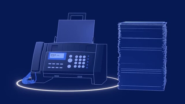 2D Animated Fax Machine Printing Stack of Paper Documents Wireframe Line Concept Flat Vector Motion Graphics Animation Footage