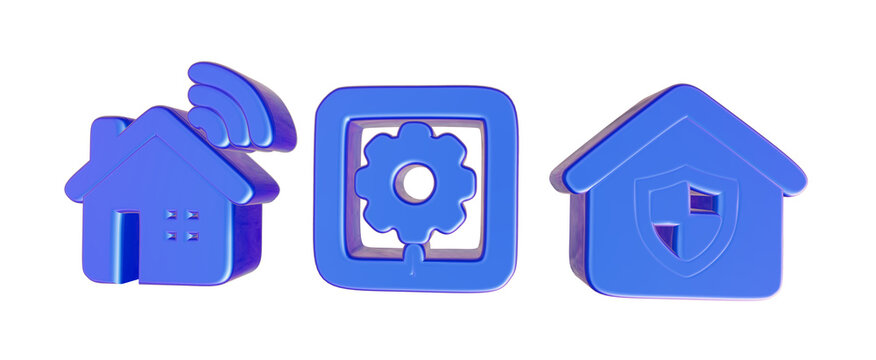 Blue 3D Icons of Smart Home Connectivity Settings and Security isolated on transparent background PNG