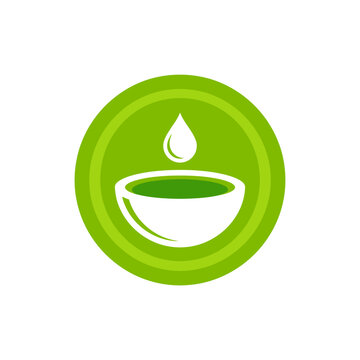Green tea bowl and water drop wellness icon.