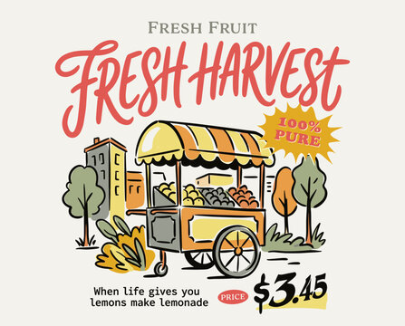 Fresh harvest fruit cart, vintage market stall illustration, retro lemonade stand, organic produce, hand-drawn food truck, farm market