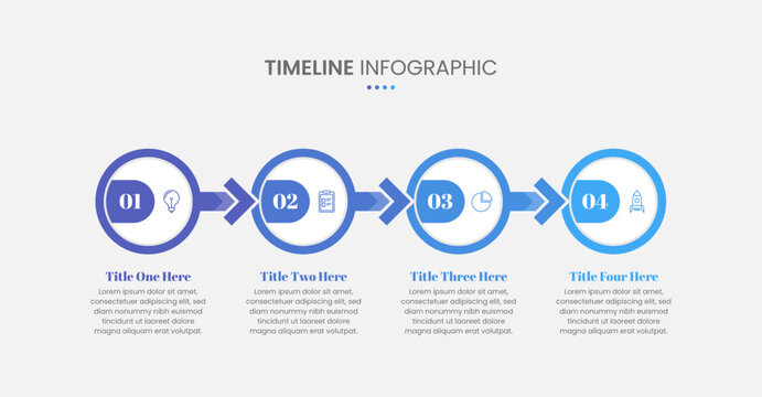 Timeline infographic presentation template with 4 steps or options. Four phase process infographic. Journey with arrows, circles and number options. Vector.
