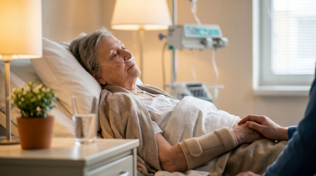 Caregiver holding the hand of a senior woman with an oxygen cannula resting in a hospital bed