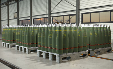 Fototapeta premium 155 mm artillery shells on crates.3D rendering.