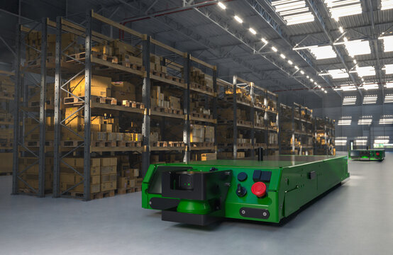 A robotic automated guided vehicle transports goods in a modern warehouse.3D rendering.