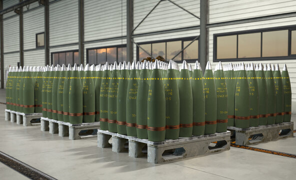155 mm artillery shells on crates.3D rendering.