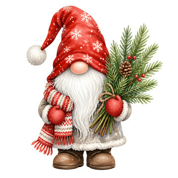 Adorable Christmas gnome wearing a cozy scarf and carrying a bundle of evergreen branches, watercolor clipart, isolated on white background