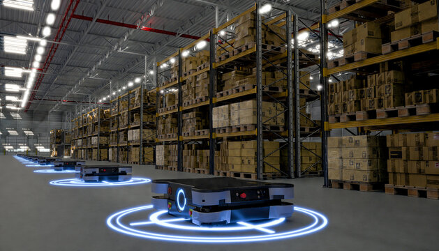 A robotic automated guided vehicle transports goods in a modern warehouse.3D rendering.