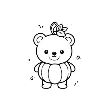 Simple black line art illustration of a cute teddy bear wearing a pumpkin suit for kids coloring pages created with generative ai. 
