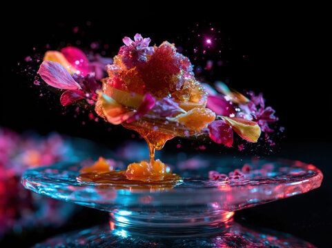 An anti-gravity dessert floating above a crystal plate, colorful fruit petals orbiting around it, liquid caramel suspended in mid-air, glowing edible flowers, ultra-realistic gourmet photography