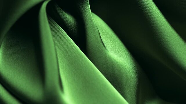 Satin backdrop, Green color silk background, texture of beautiful green satin fabric close-up. Abstract smooth backdrop. Rotating, slow motion. St. Patrick's Day