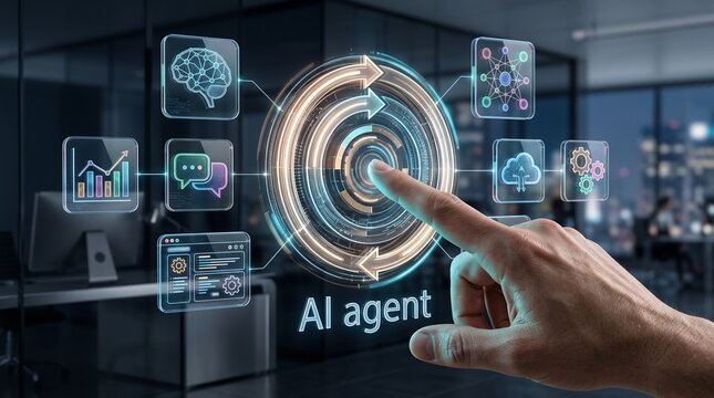 Ai agent futuristic dashboard interface with circular control panels and analytics icons AI agent artificial intelligence futuristic technology digital control