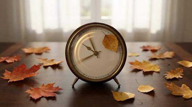 Vintage clock with autumn leaves on wooden table