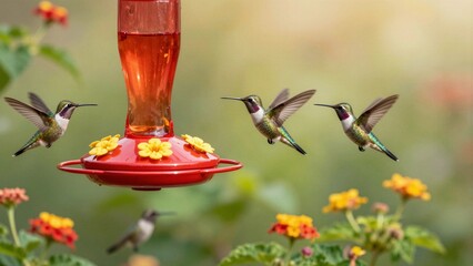 Naklejka premium Three hummingbirds hover around a red nectar feeder surrounded by vibrant orange and yellow flowers in a lush garden.