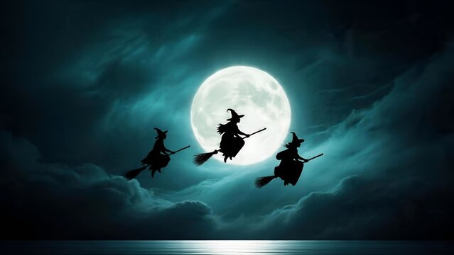 Three Witches Flying on Broomsticks Across Full Moon Night Sky.