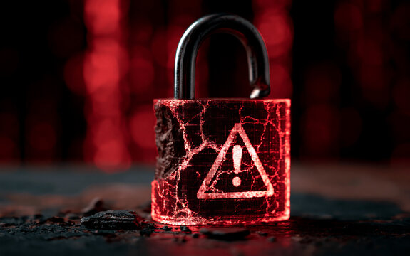Cybersecurity Breach with Broken Padlock and Red Digital Warning Alert
