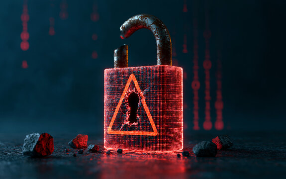 Cybersecurity Breach with Broken Padlock and Red Digital Warning Alert