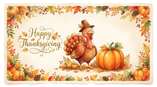 A festive thanksgiving turkey cartoon illustration featuring a cute bird wearing a hat beside a large orange pumpkin surrounded by colorful autumn leaves and foliage