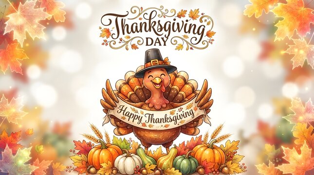 A festive thanksgiving turkey cartoon illustration featuring a cute bird wearing a pilgrim hat surrounded by colorful autumn leaves and pumpkins for a holiday celebration