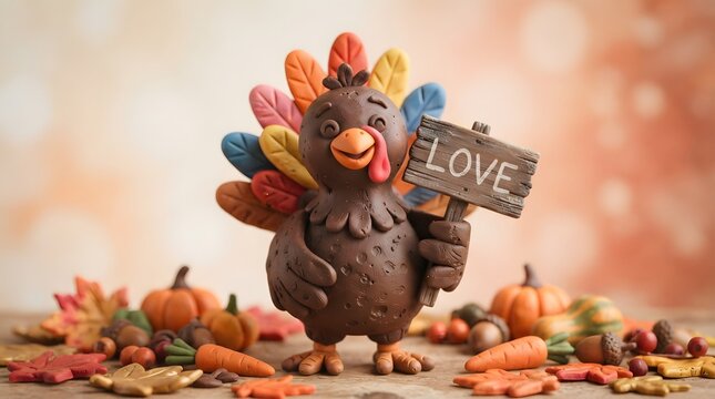 A cute thanksgiving turkey cartoon character holding a wooden sign that says love surrounded by autumn pumpkins and colorful fall leaves on a rustic background