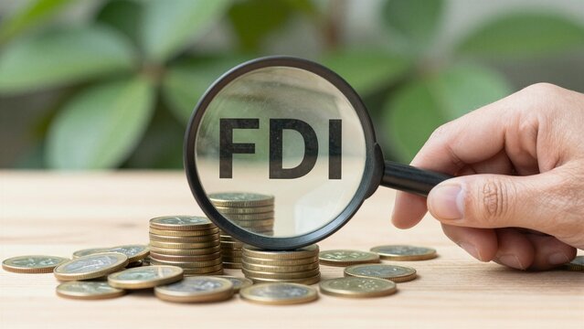 A hand uses a magnifying glass to examine the acronym 'FDI' over stacks of coins, symbolizing foreign investment analysis and financial scrutiny.
