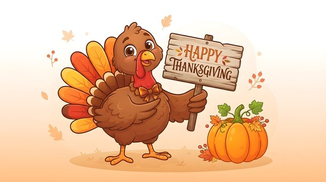 A cute thanksgiving turkey cartoon character holding a wooden sign that says happy thanksgiving while standing next to a group of orange pumpkins on white