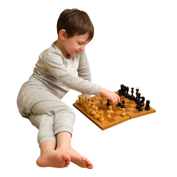 Boy playing chess on wooden board isolated on transparent background. Child thinking about next move during strategy game. Intellectual leisure, hobby and development of logic for kids.