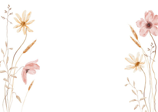 Watercolor vertical border frame with blush pink anemone poppy flowers, cream daisies, golden wheat stalks and wild grasses on white background, with copy space, text space and empty center for design