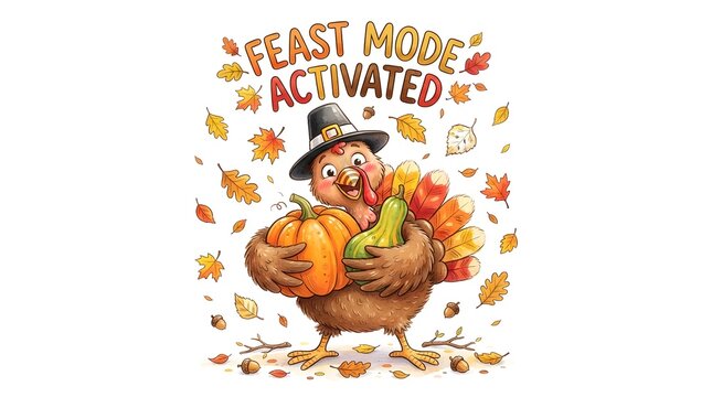 A funny thanksgiving turkey cartoon illustration featuring a festive bird wearing a pilgrim hat while holding a large orange pumpkin during the autumn harvest season