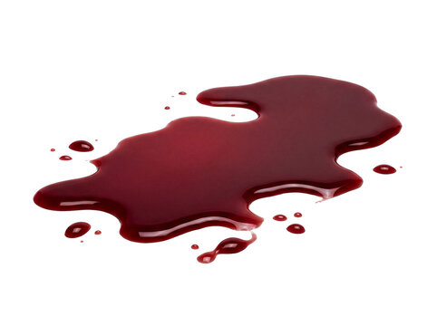 Realistic photograph of a fresh, dark red liquid spill with small droplets on a transparent background for design.