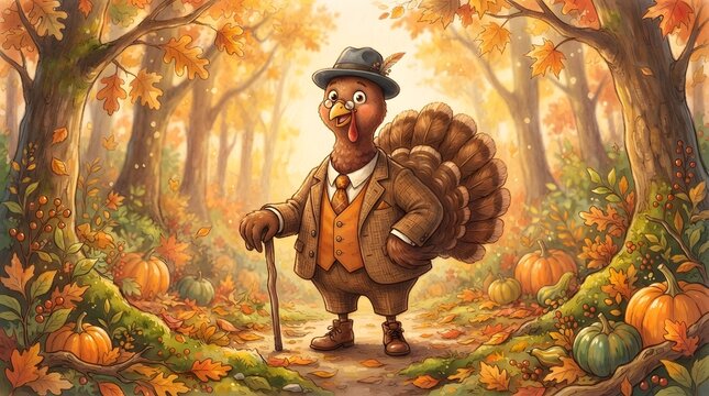 A whimsical thanksgiving turkey cartoon character dressed in a vintage suit and hat standing gracefully in a beautiful autumn forest filled with bright fall foliage
