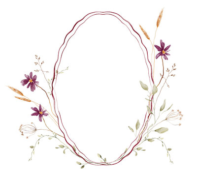 Oval frame with burgundy wavy border adorned by deep purple cosmos flowers golden wheat stalks and delicate dried seed heads on white background. Hand-painted watercolor illustration with text space