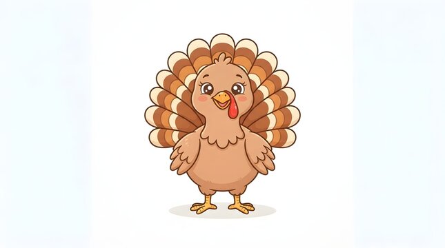 A cute thanksgiving turkey cartoon character illustration featuring a friendly bird with brown feathers standing isolated on a white background for festive holiday season graphic