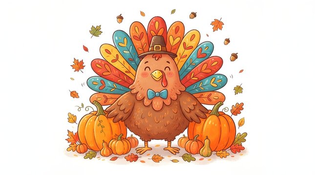 A festive and colorful thanksgiving turkey cartoon illustration featuring a happy bird wearing a pilgrim hat surrounded by bright autumn pumpkins and falling seasonal leaves