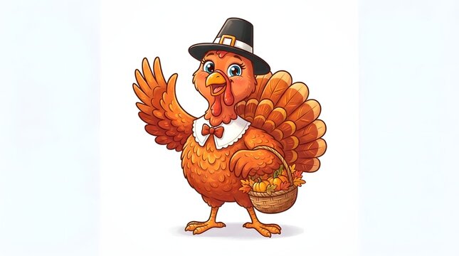 A cheerful thanksgiving turkey cartoon character wearing a traditional pilgrim hat and waving hello isolated on a clean white background for seasonal holiday greeting designs