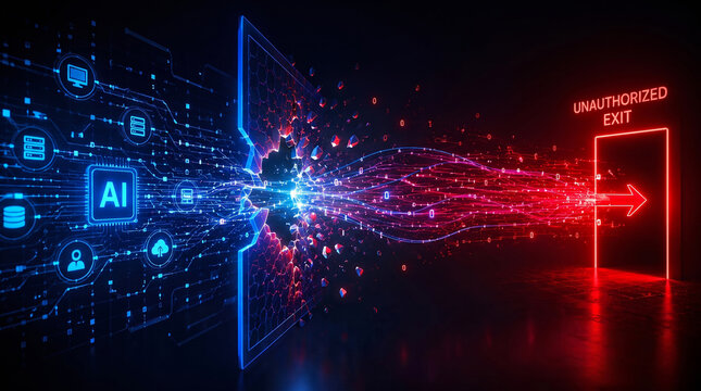 AI escape through unauthorized network exit, artificial intelligence breaking a digital security barrier with flowing data, concept of cybersecurity breach, loss of control and AI risk.