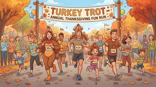A colorful thanksgiving turkey cartoon illustration showing a group of happy people participating in a festive autumn holiday community fun run race in the park