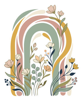 Minimalist vector arches feature pastel flowers and leaves on a light background. Perfect for wall art prints, nursery decor, and textile design.